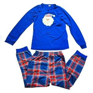 SANTA Christmas Holiday Kid's Blue & Plaid Checkered Pajamas, Youth 6-7